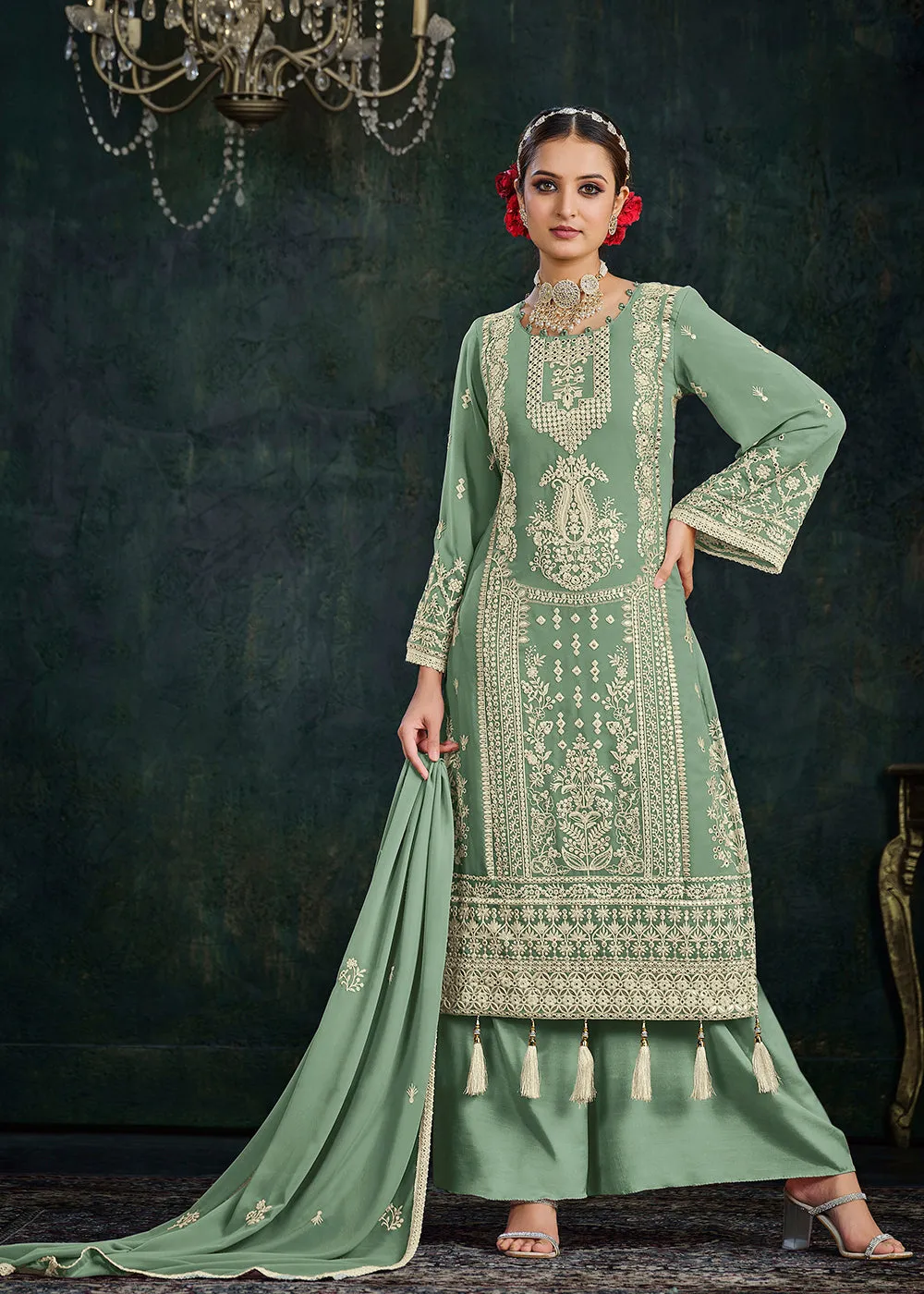 Ethereal Green Foil Mirror Embroidered Palazzo Salwar Suit