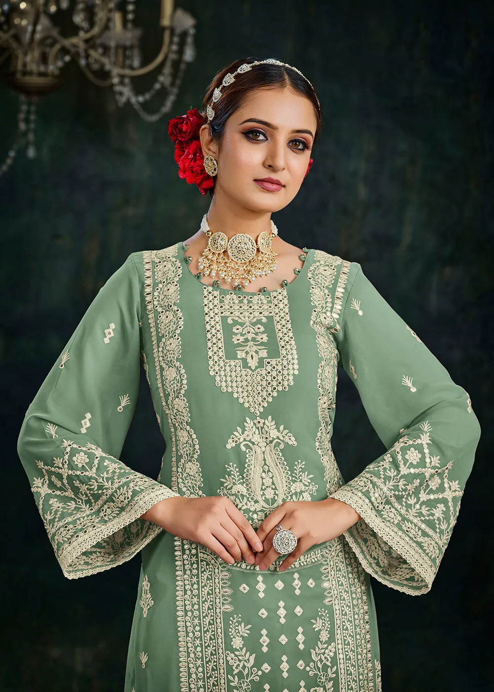 Ethereal Green Foil Mirror Embroidered Palazzo Salwar Suit