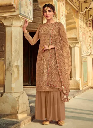 Exceptional Brown Embroidered Georgette Palazzo Suit