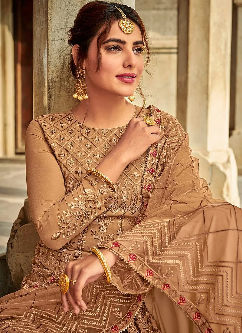 Exceptional Brown Embroidered Georgette Palazzo Suit