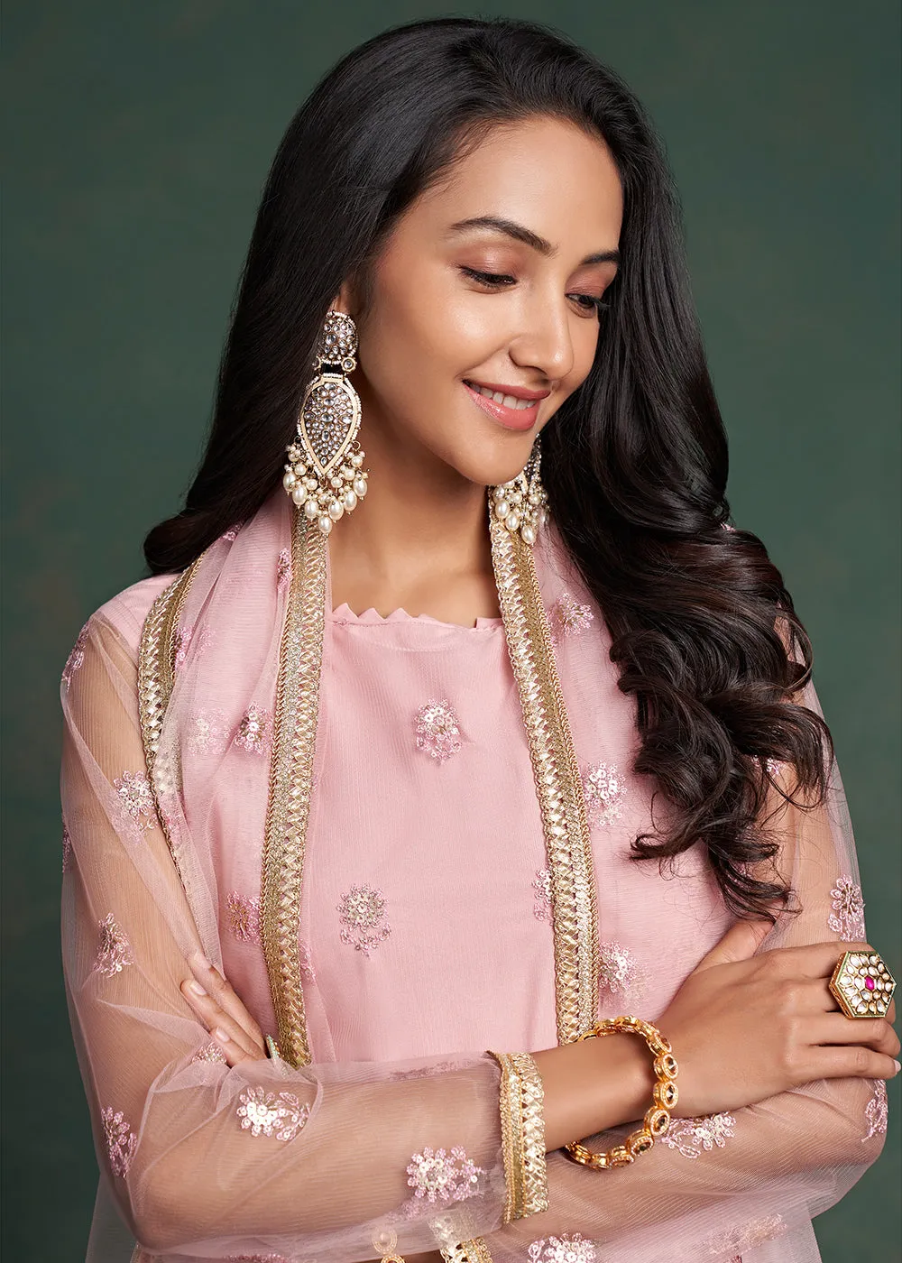 Fabulous Pink Zari & Sequins Work Net Wedding Wear Salwar Suit