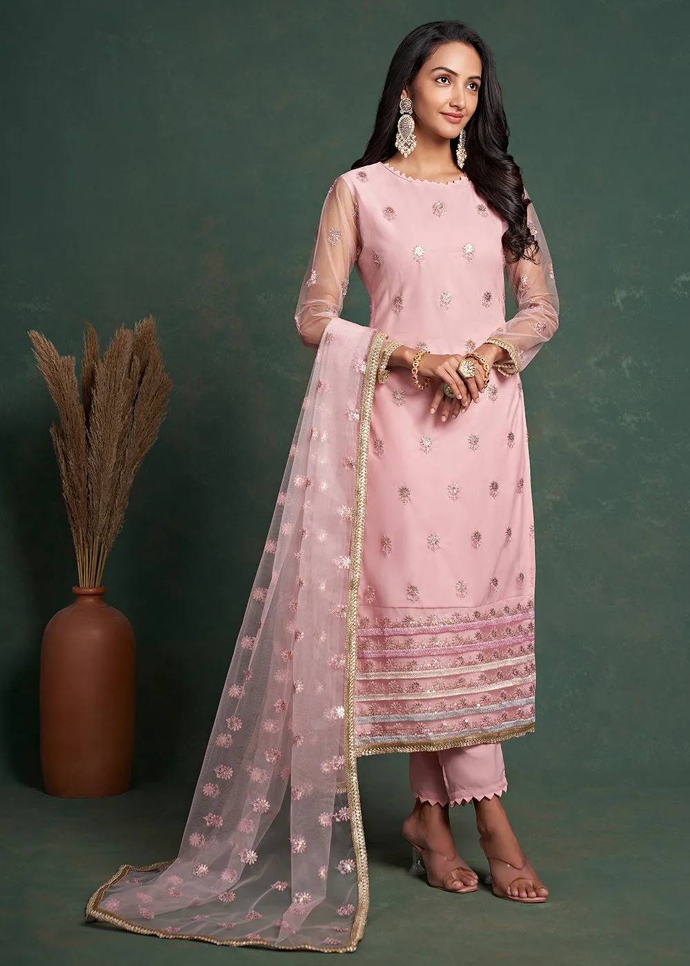 Fabulous Pink Zari & Sequins Work Net Wedding Wear Salwar Suit