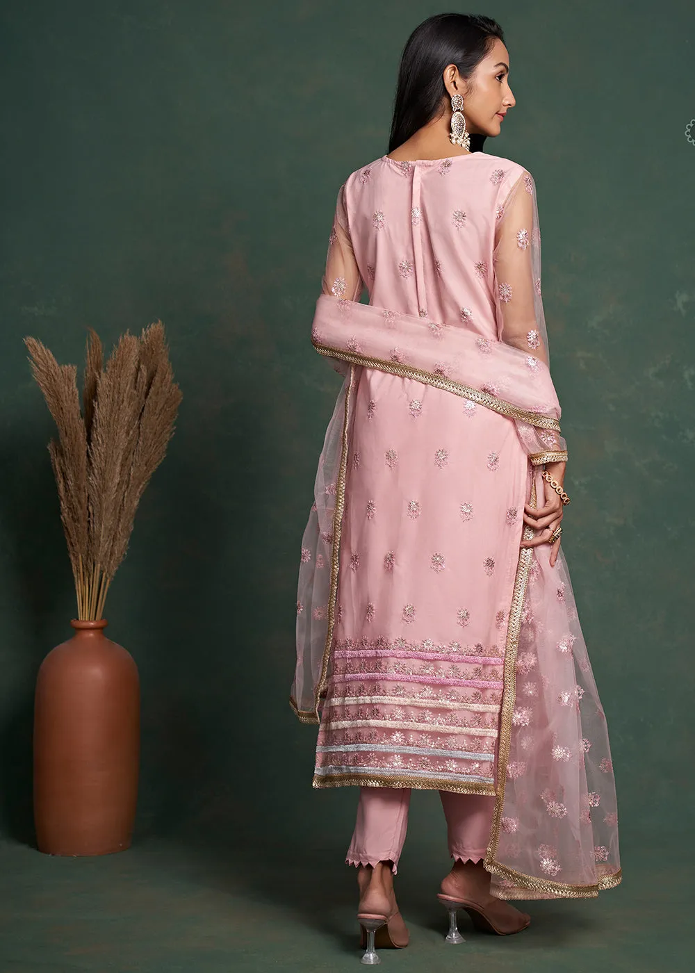 Fabulous Pink Zari & Sequins Work Net Wedding Wear Salwar Suit