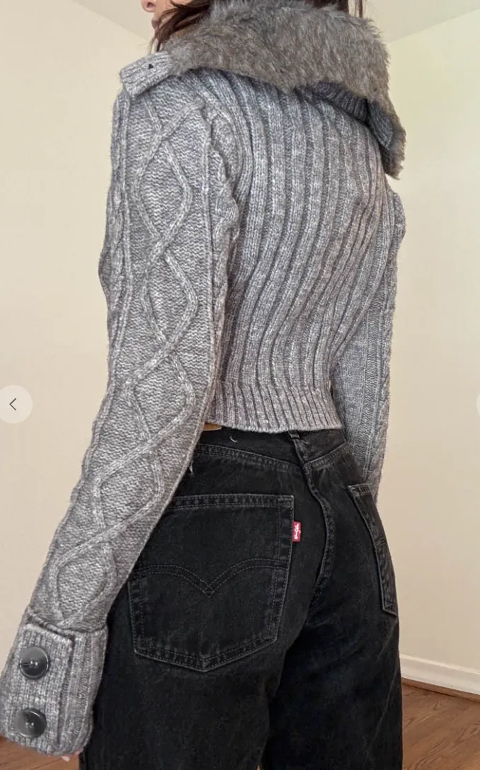 Faux Fur Collar Cable Knitted Sweater Top