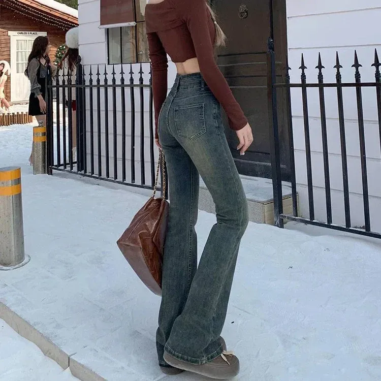 Female Spring Double-Button High Waist Elastic Tight Thin Horseshoe Jeans