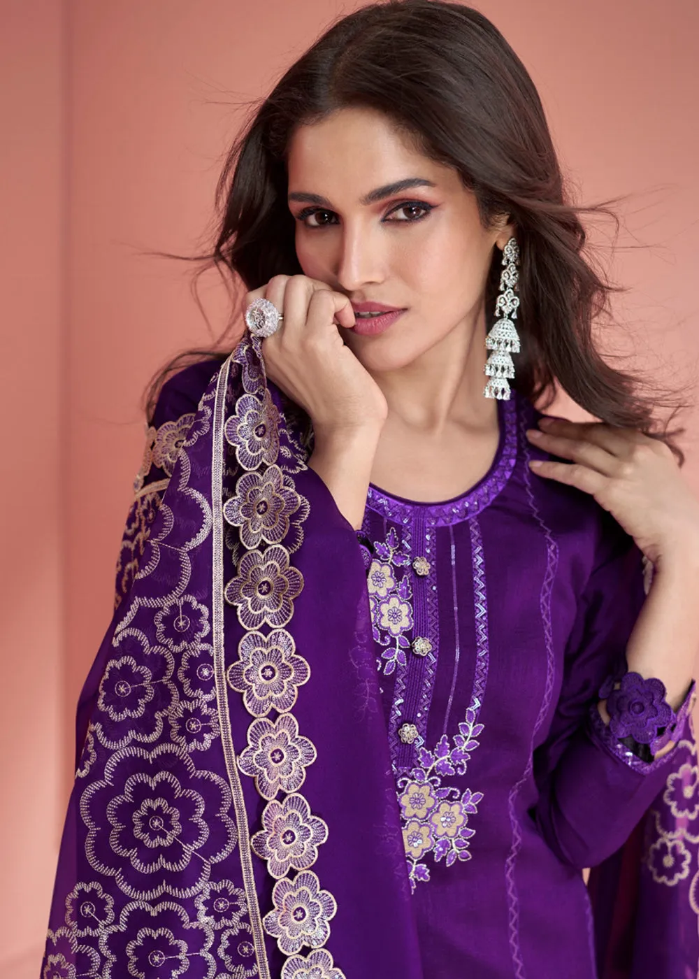 Festive Purple Embroidered Premium Silk Palazzo Suit