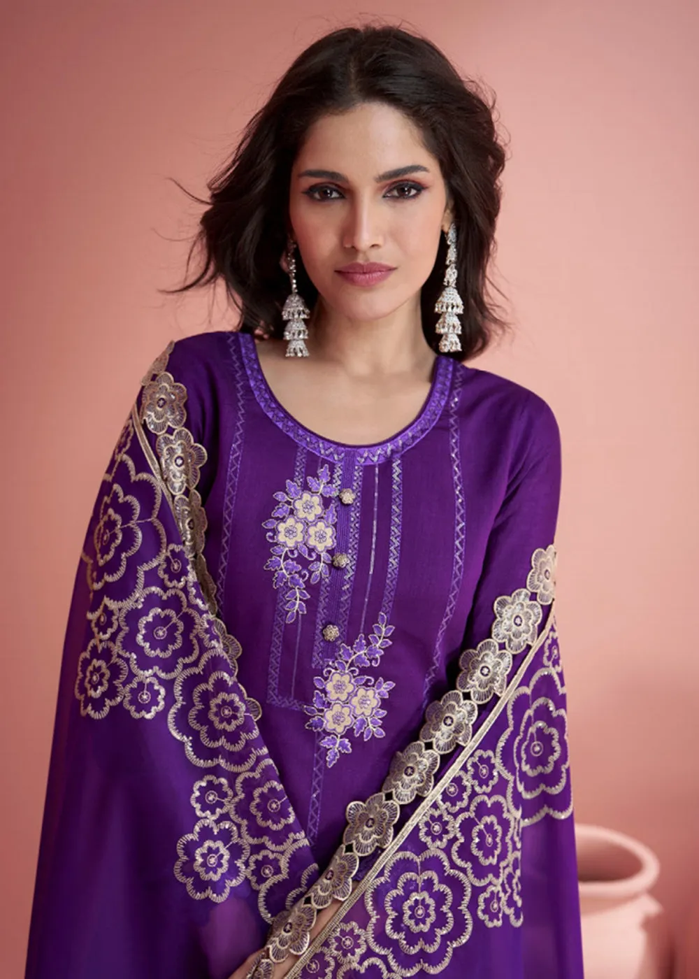Festive Purple Embroidered Premium Silk Palazzo Suit