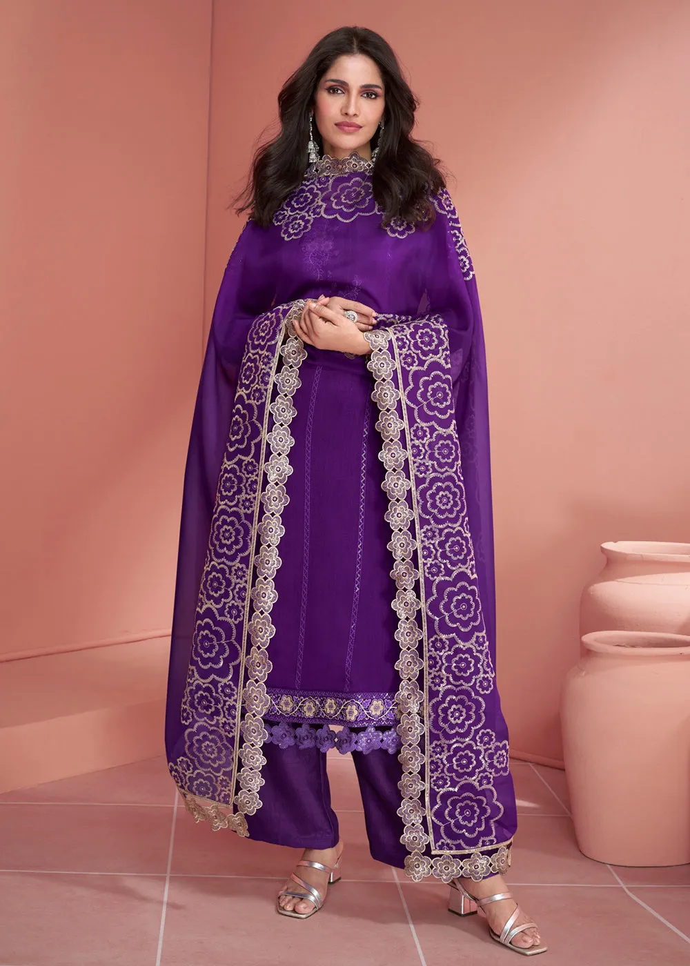 Festive Purple Embroidered Premium Silk Palazzo Suit