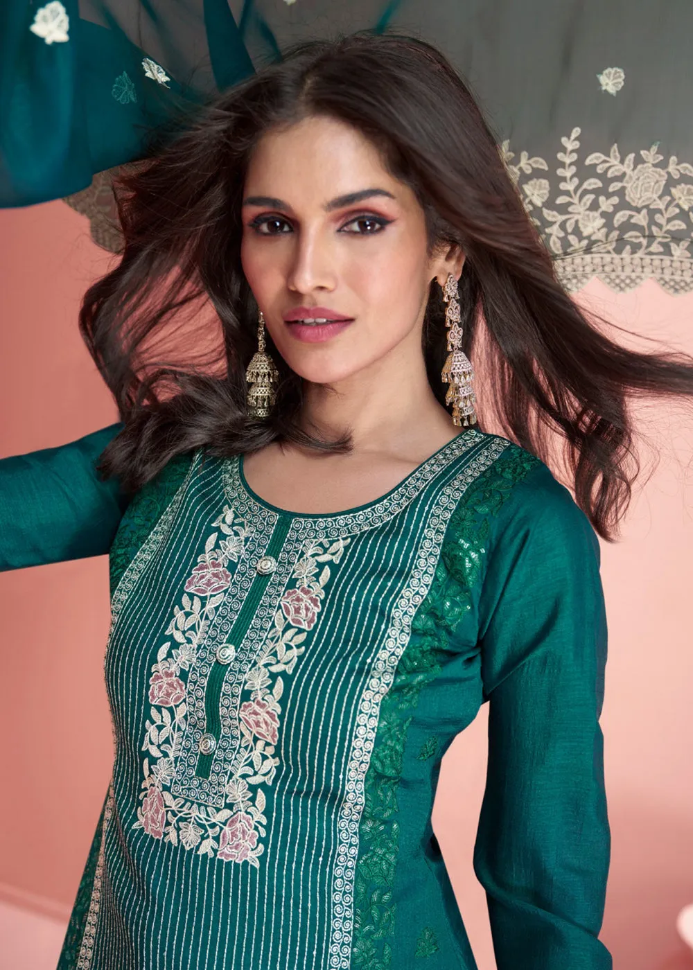 Festive Teal Green Embroidered Premium Silk Palazzo Suit