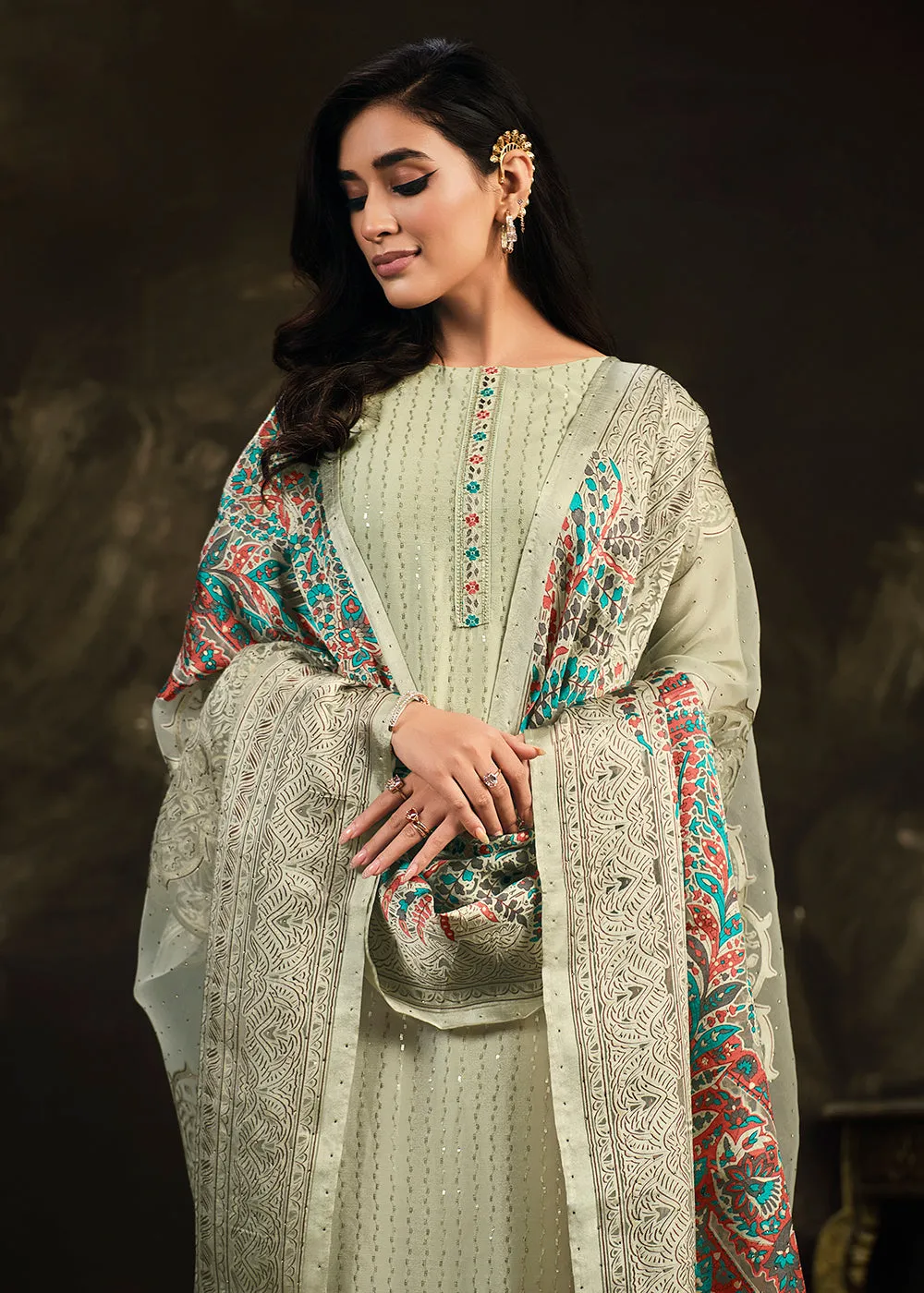 Fetching Green Chinnon Embroidered Pant Style Salwar Suit