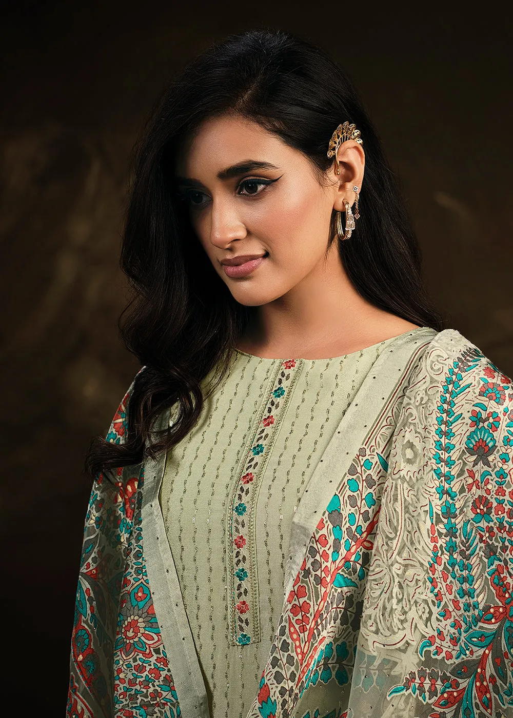 Fetching Green Chinnon Embroidered Pant Style Salwar Suit