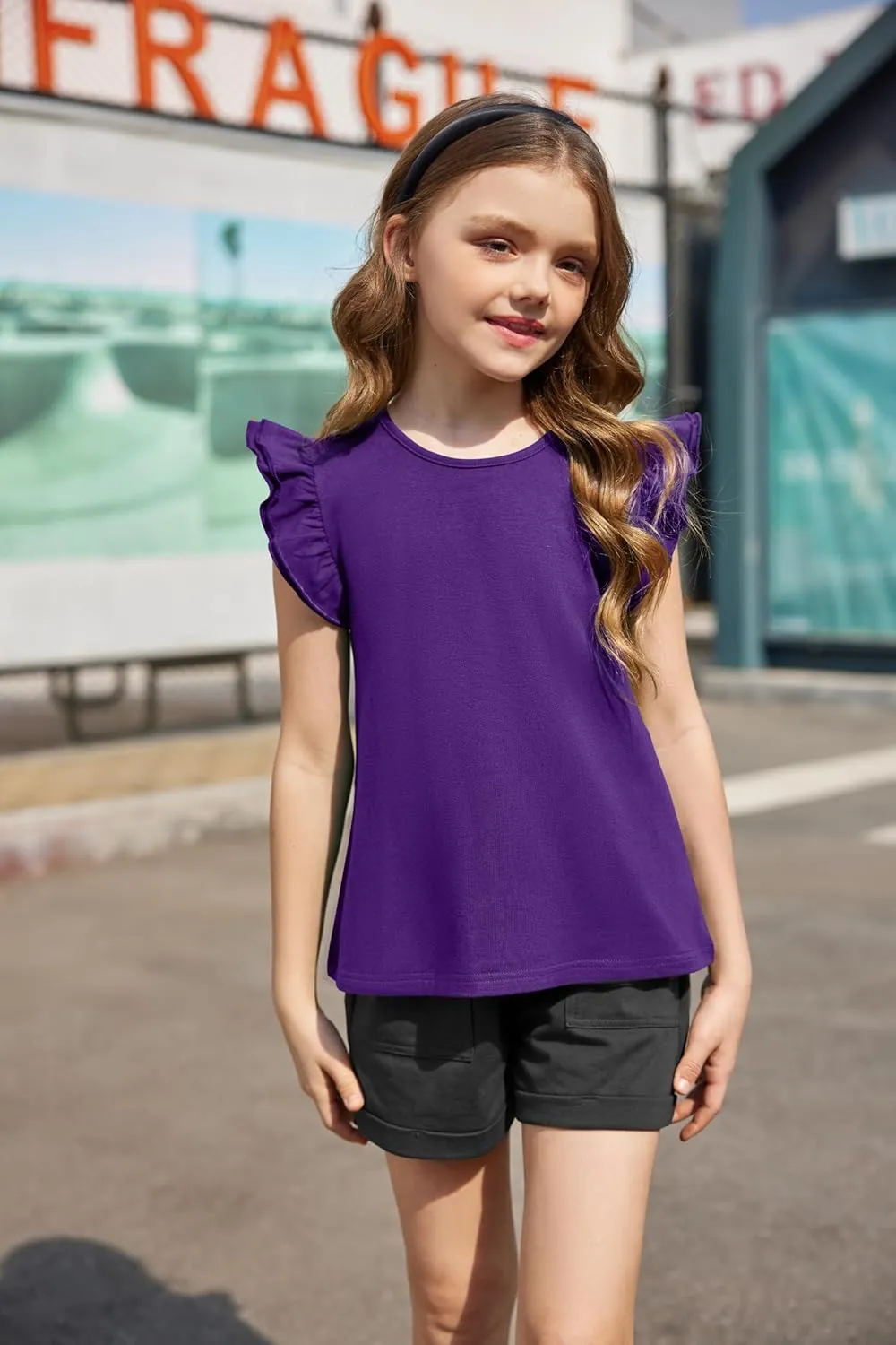Girls T Shirts Ruffle Shrit Plain Blank Tank Tops Short Sleeve Cotton Tshirts Basic Blouse 3T-10Years