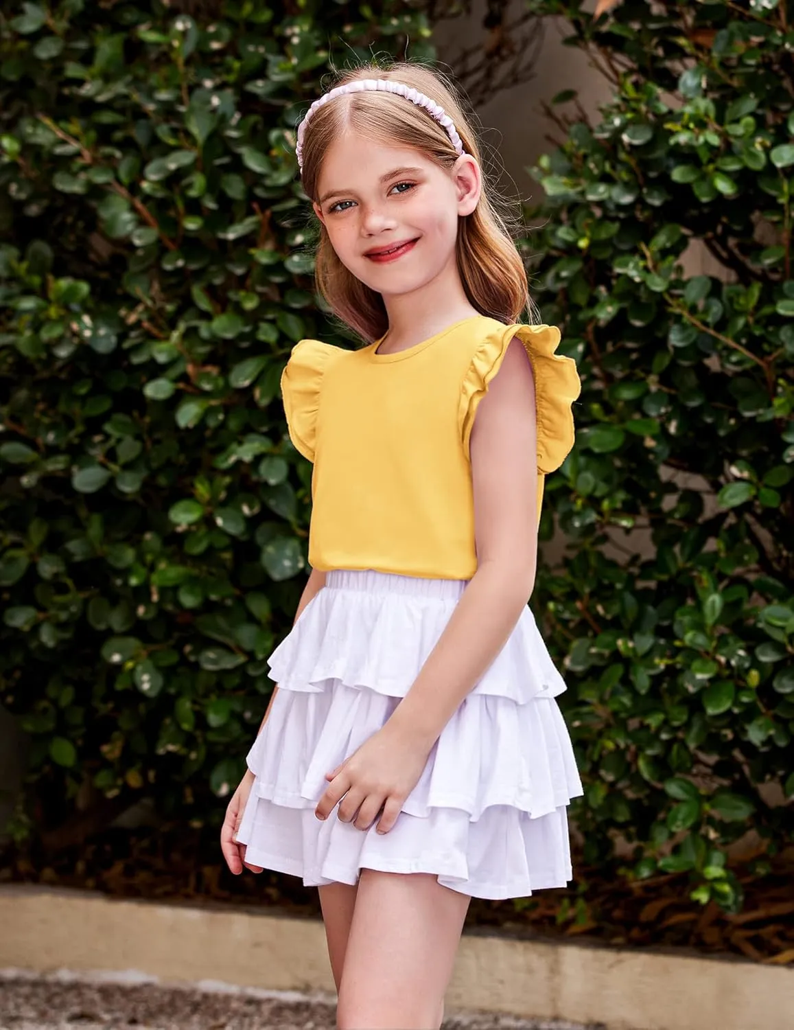 Girls T Shirts Ruffle Shrit Plain Blank Tank Tops Short Sleeve Cotton Tshirts Basic Blouse 3T-10Years