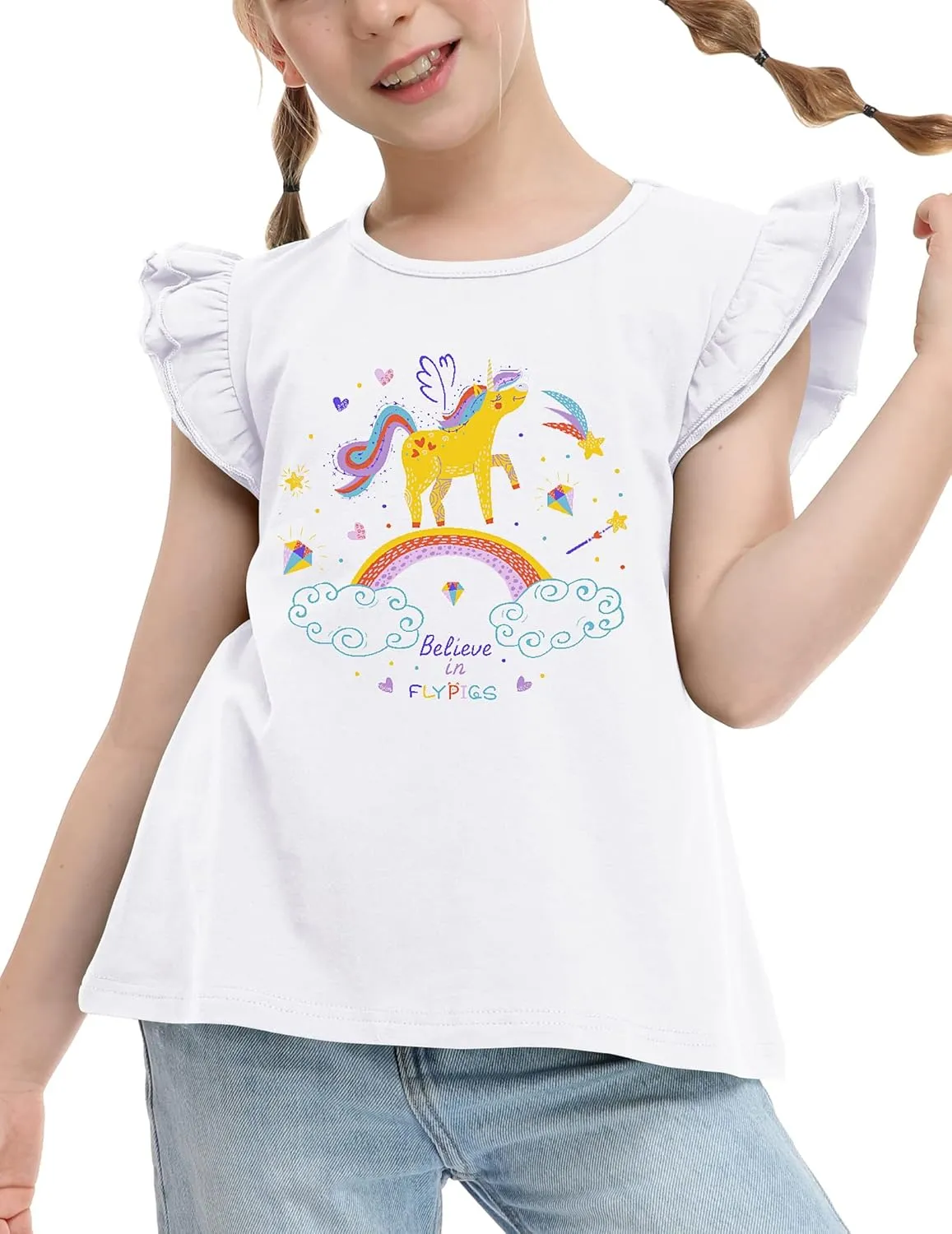 Girls T Shirts Ruffle Shrit Plain Blank Tank Tops Short Sleeve Cotton Tshirts Basic Blouse 3T-10Years