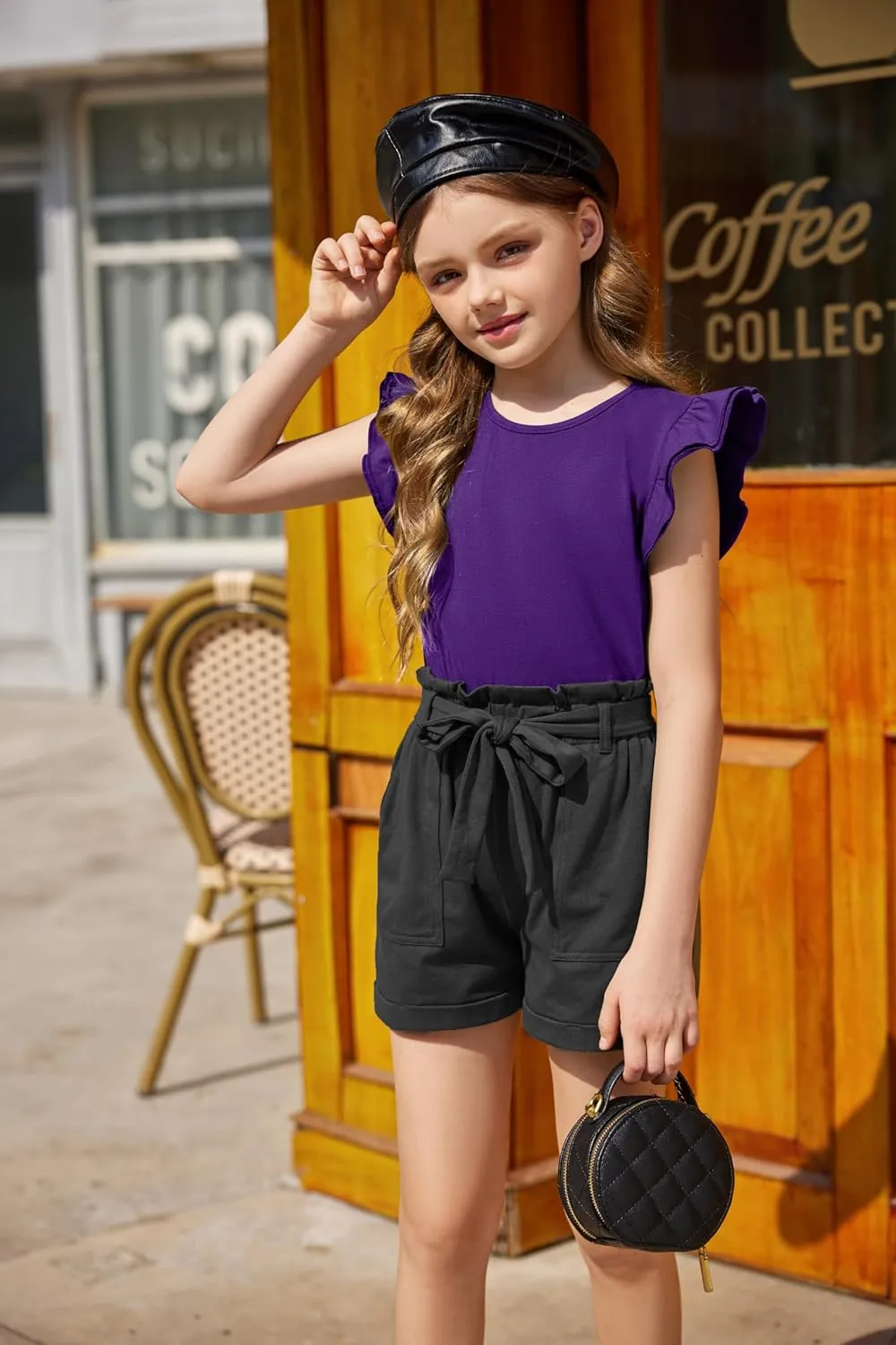 Girls T Shirts Ruffle Shrit Plain Blank Tank Tops Short Sleeve Cotton Tshirts Basic Blouse 3T-10Years