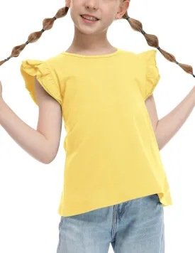 Girls T Shirts Ruffle Shrit Plain Blank Tank Tops Short Sleeve Cotton Tshirts Basic Blouse 3T-10Years