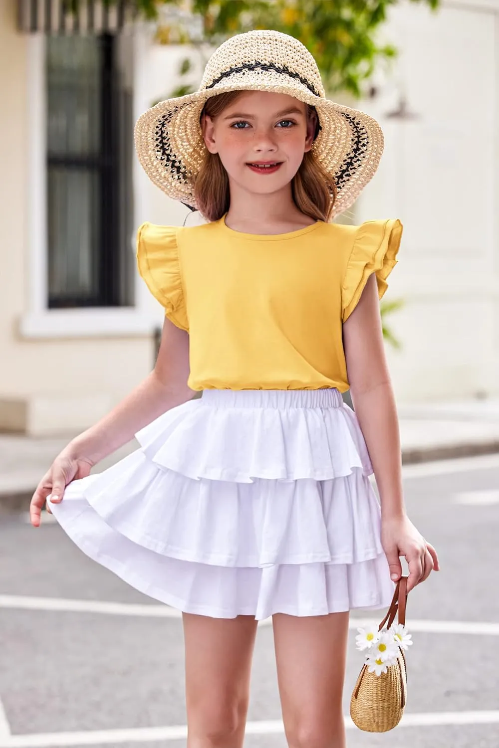Girls T Shirts Ruffle Shrit Plain Blank Tank Tops Short Sleeve Cotton Tshirts Basic Blouse 3T-10Years