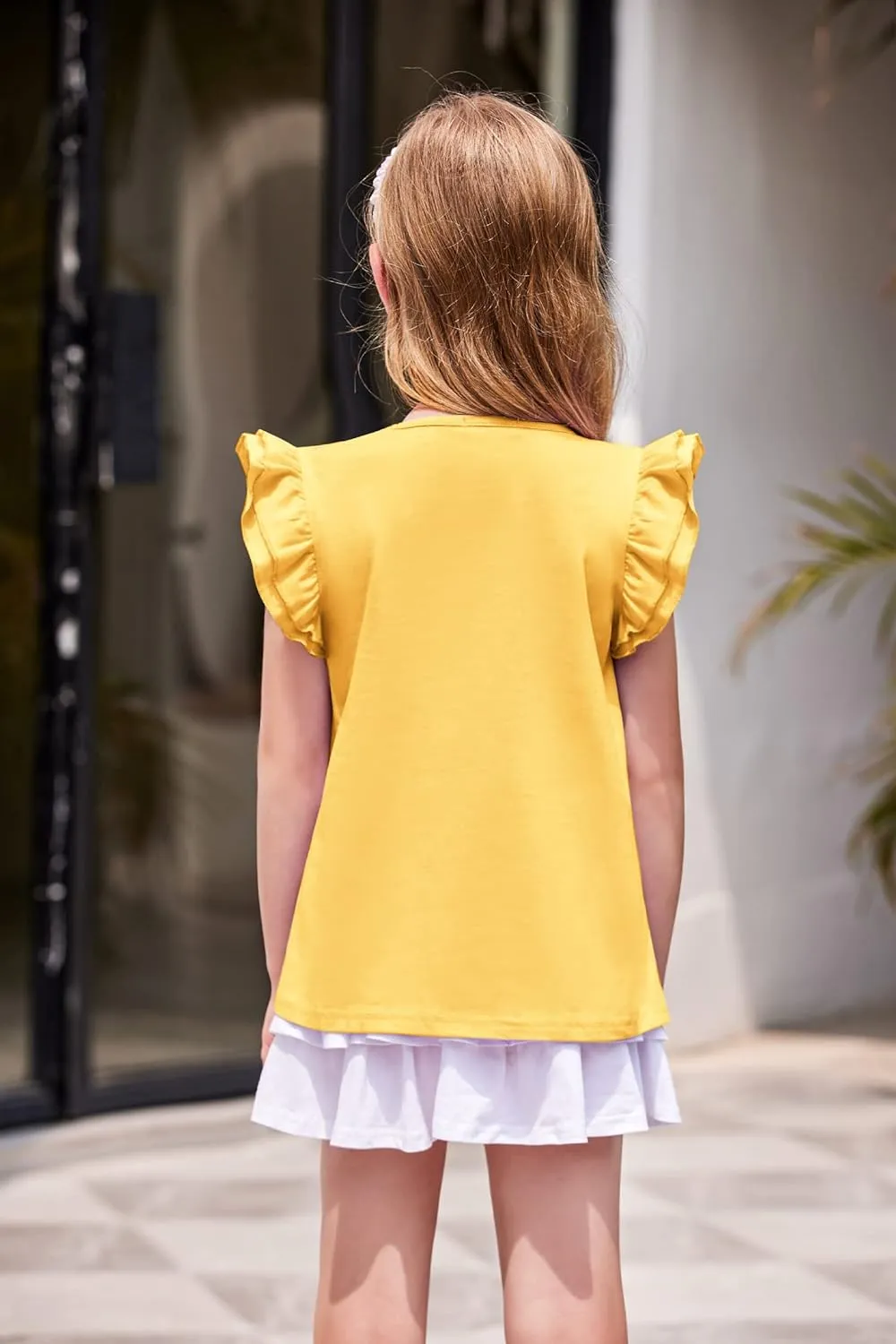 Girls T Shirts Ruffle Shrit Plain Blank Tank Tops Short Sleeve Cotton Tshirts Basic Blouse 3T-10Years