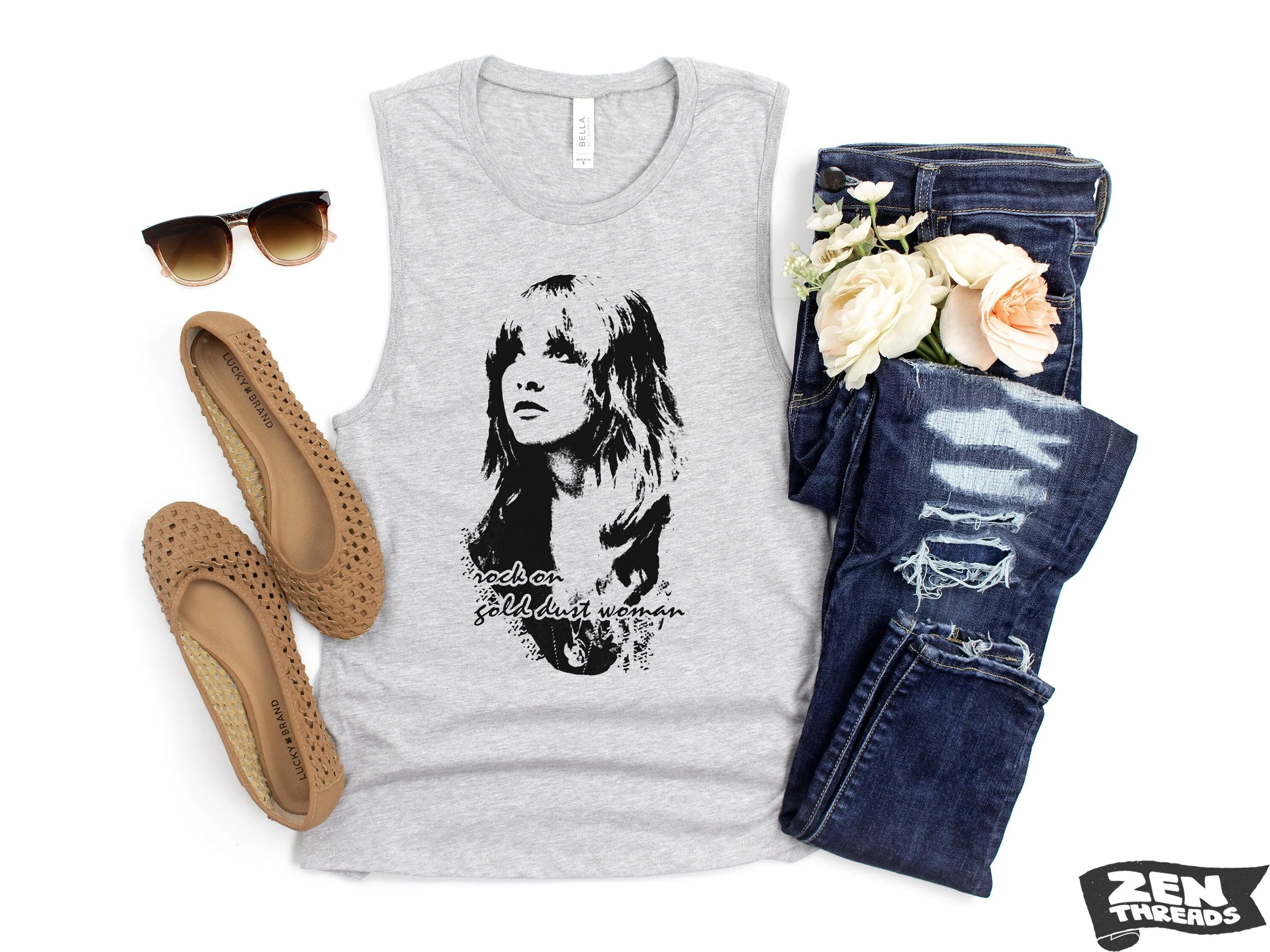 Gold Dust Woman Festival Muscle Tank workout fitness Bella Canvas Next Level tshirt stevie nicks tee fleetwood mac music gypsy music concert
