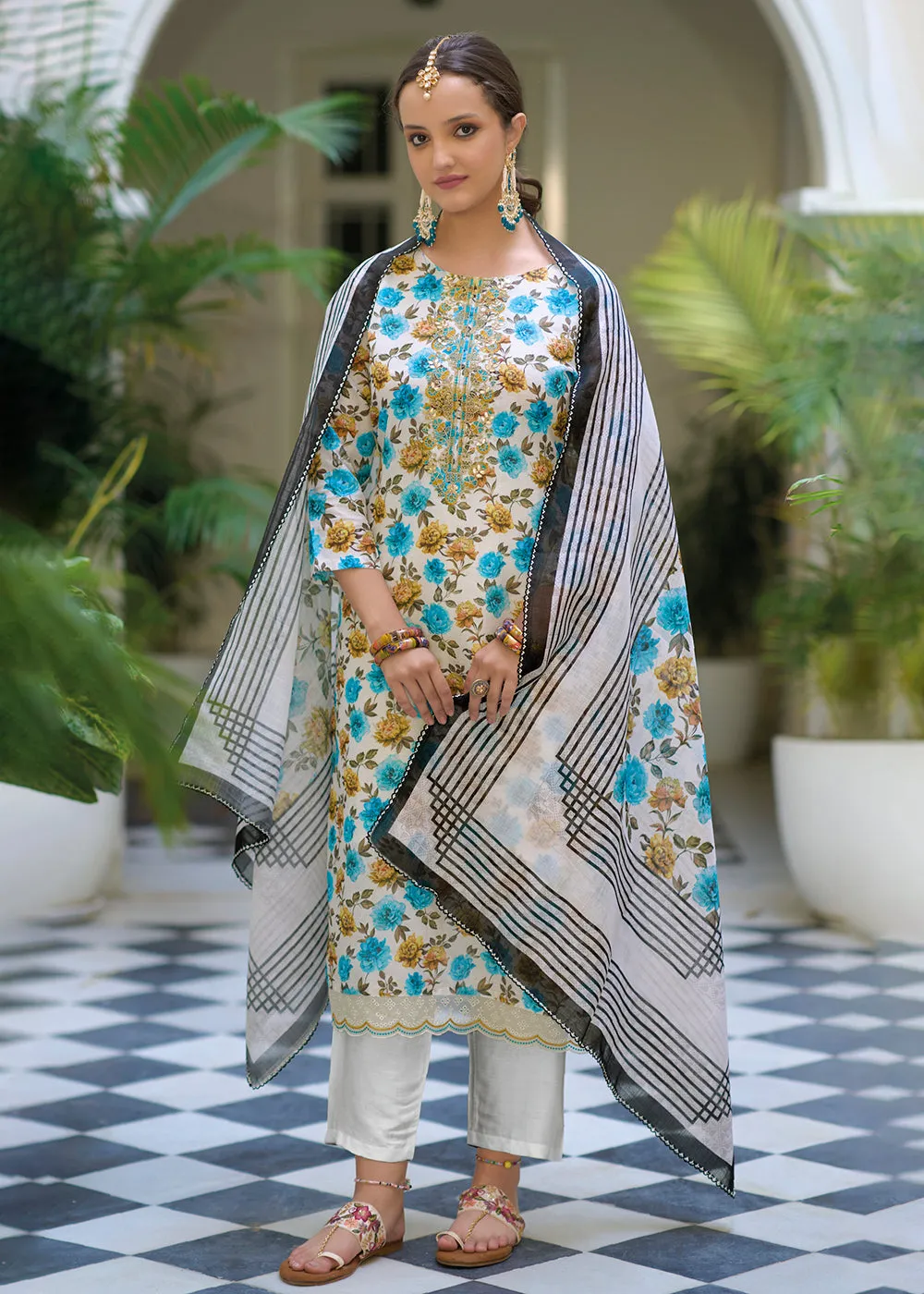 Gota Patti Embroidered Cream Lilen Ethnic Salwar Suit