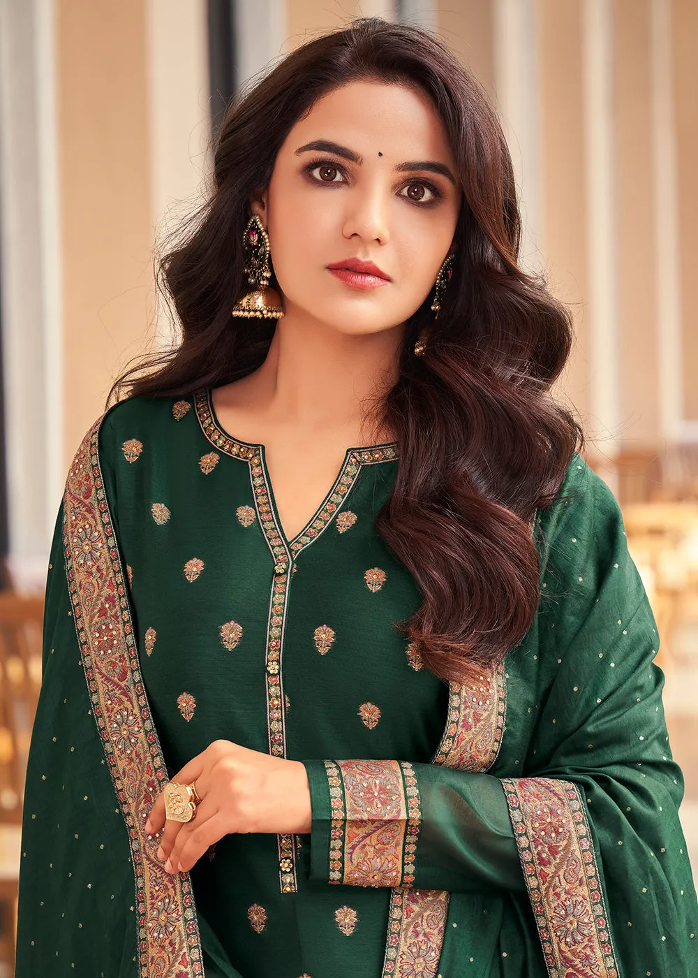 Green Jacquard Embordered Festive Pant Salwar Suit