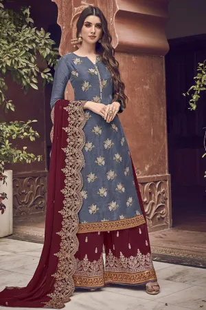 Grey Color Jacquard Embroidered Palazzo Style Suit