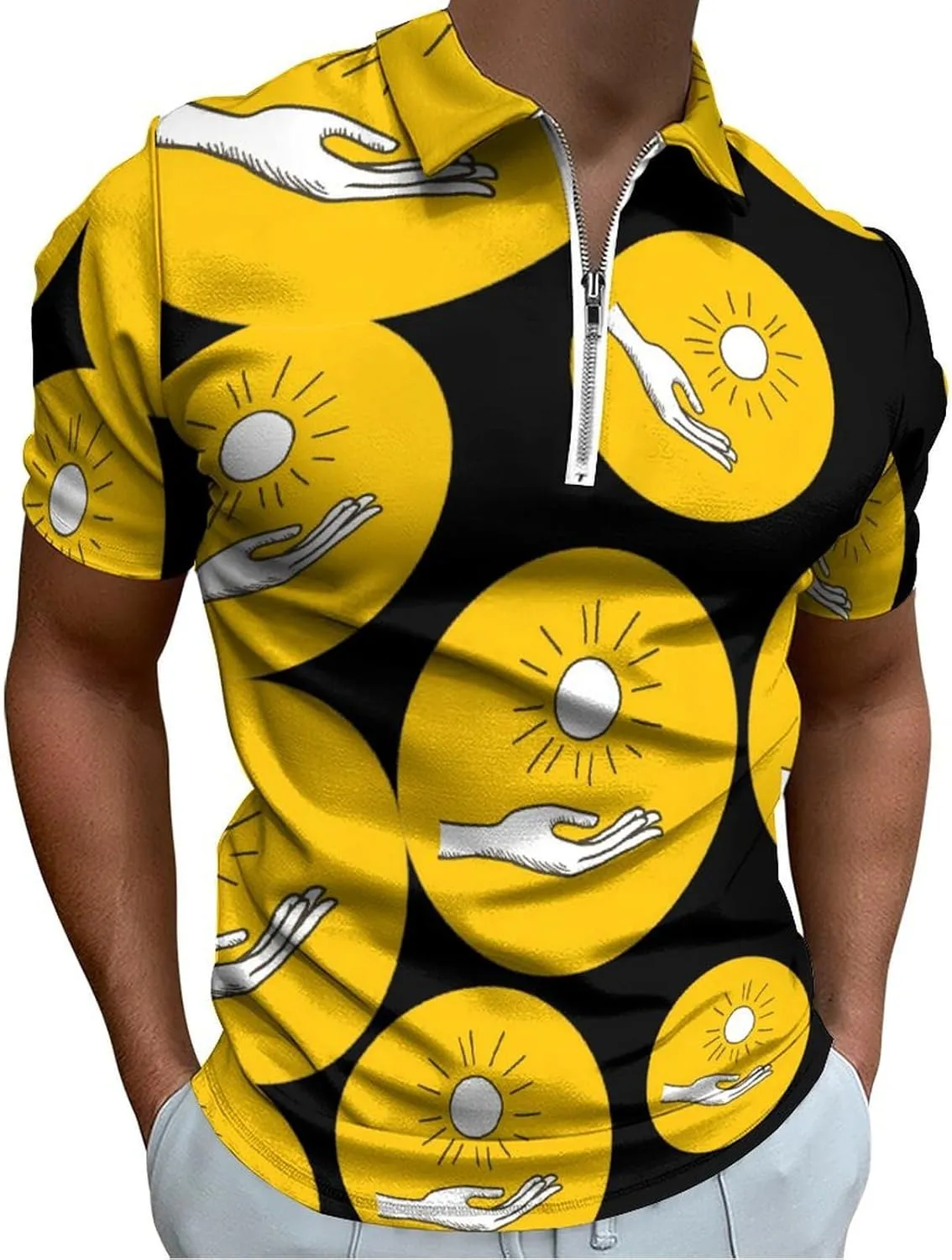 Hand Holding Sun Trendy Polo Shirts for Men Short Sleeve Lapel Collar Zipper T-Shirts Outdoor Sports