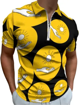 Hand Holding Sun Trendy Polo Shirts for Men Short Sleeve Lapel Collar Zipper T-Shirts Outdoor Sports