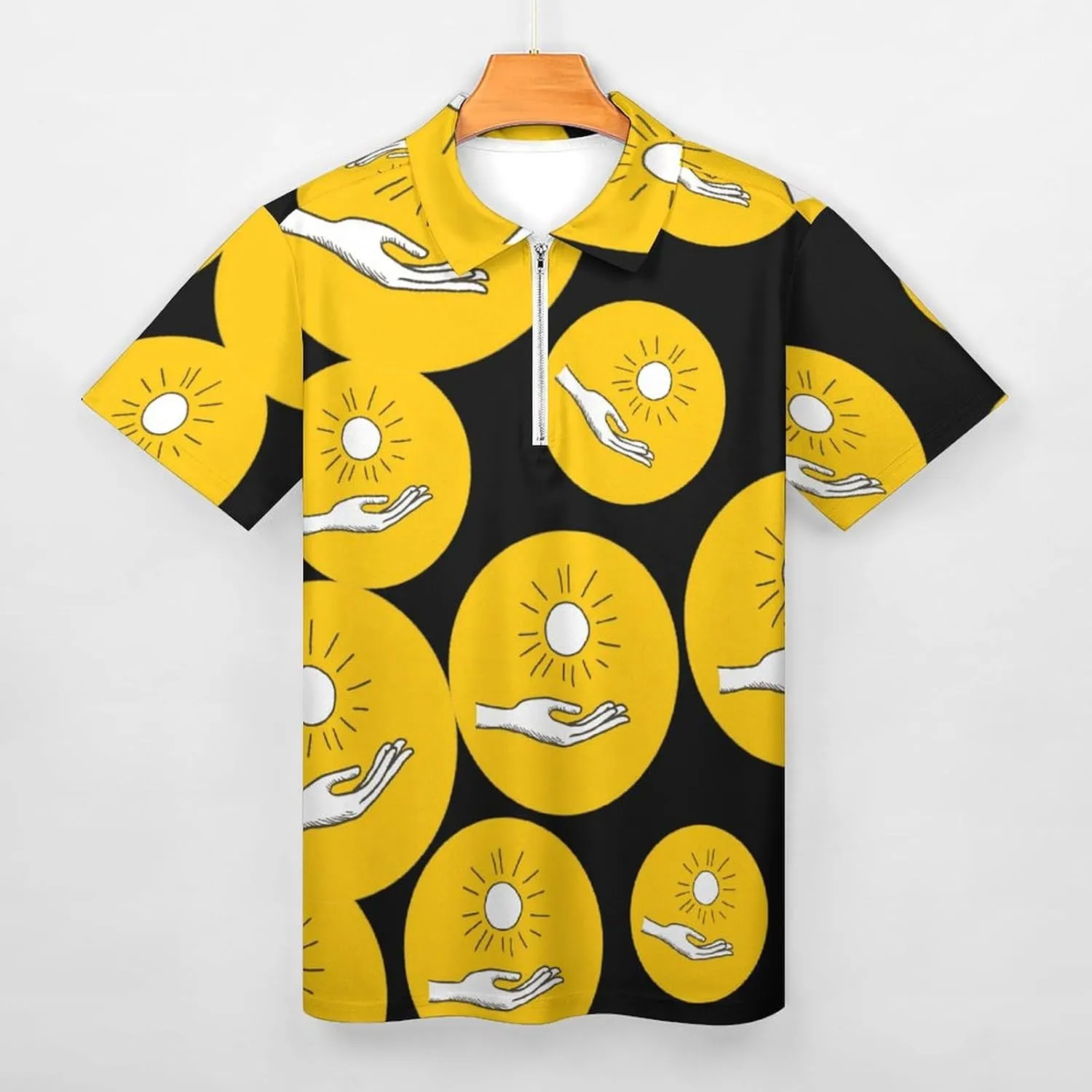 Hand Holding Sun Trendy Polo Shirts for Men Short Sleeve Lapel Collar Zipper T-Shirts Outdoor Sports