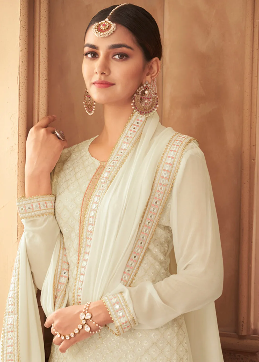 Heavy Faux Georgette Off White Embroidered Palazzo Suit