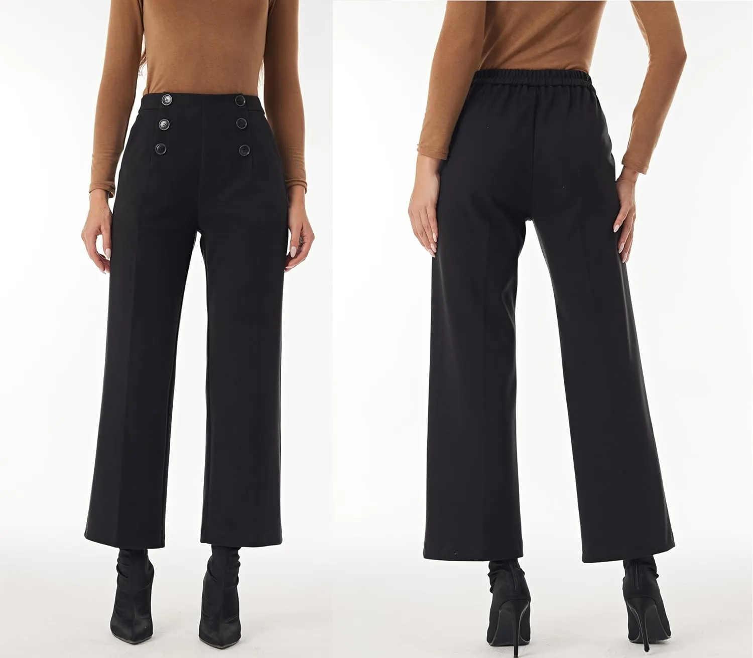 heipeiwa Women's Wool Blend Winter Fall Wide Leg Pull on High Waist Dress Business Casual Pants