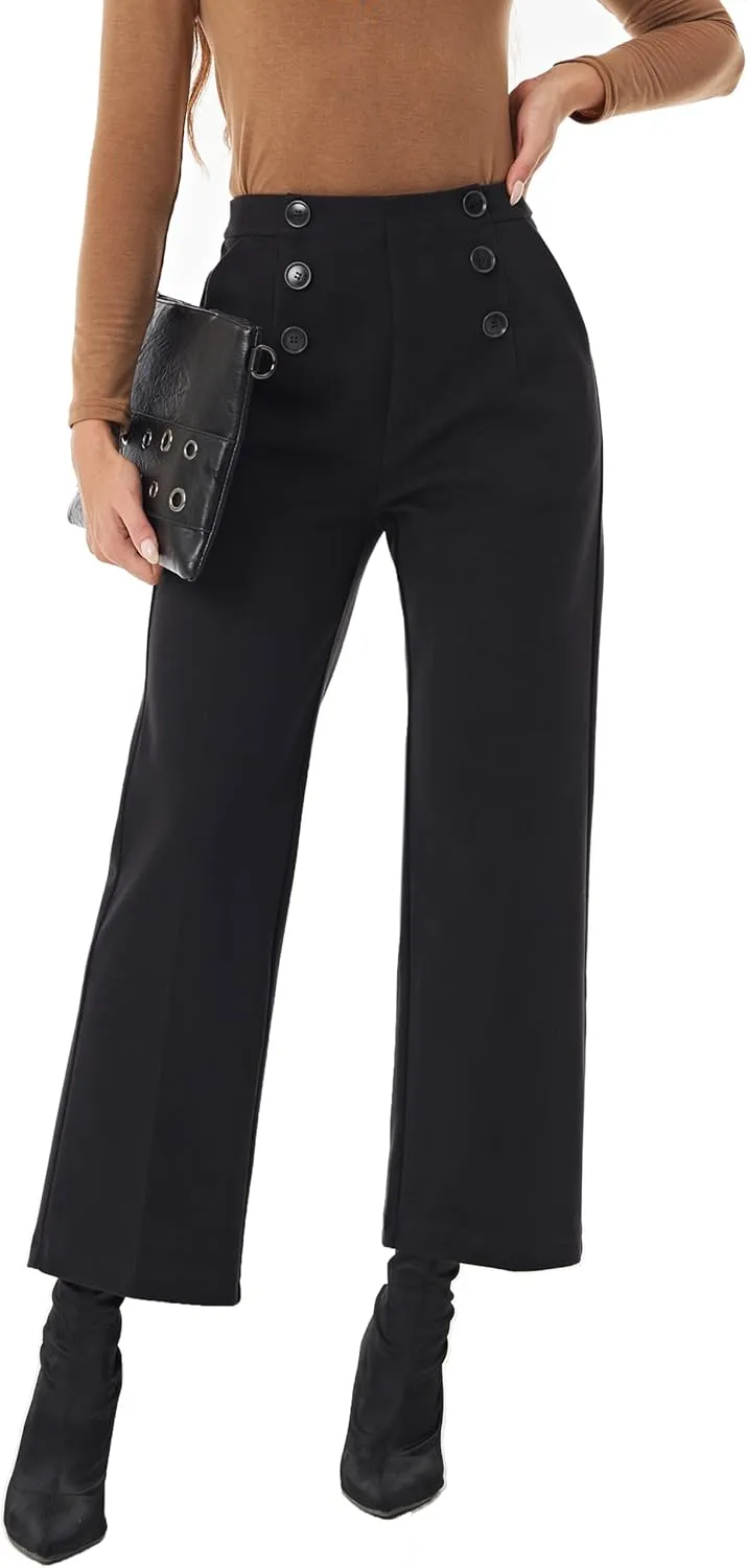 heipeiwa Women's Wool Blend Winter Fall Wide Leg Pull on High Waist Dress Business Casual Pants