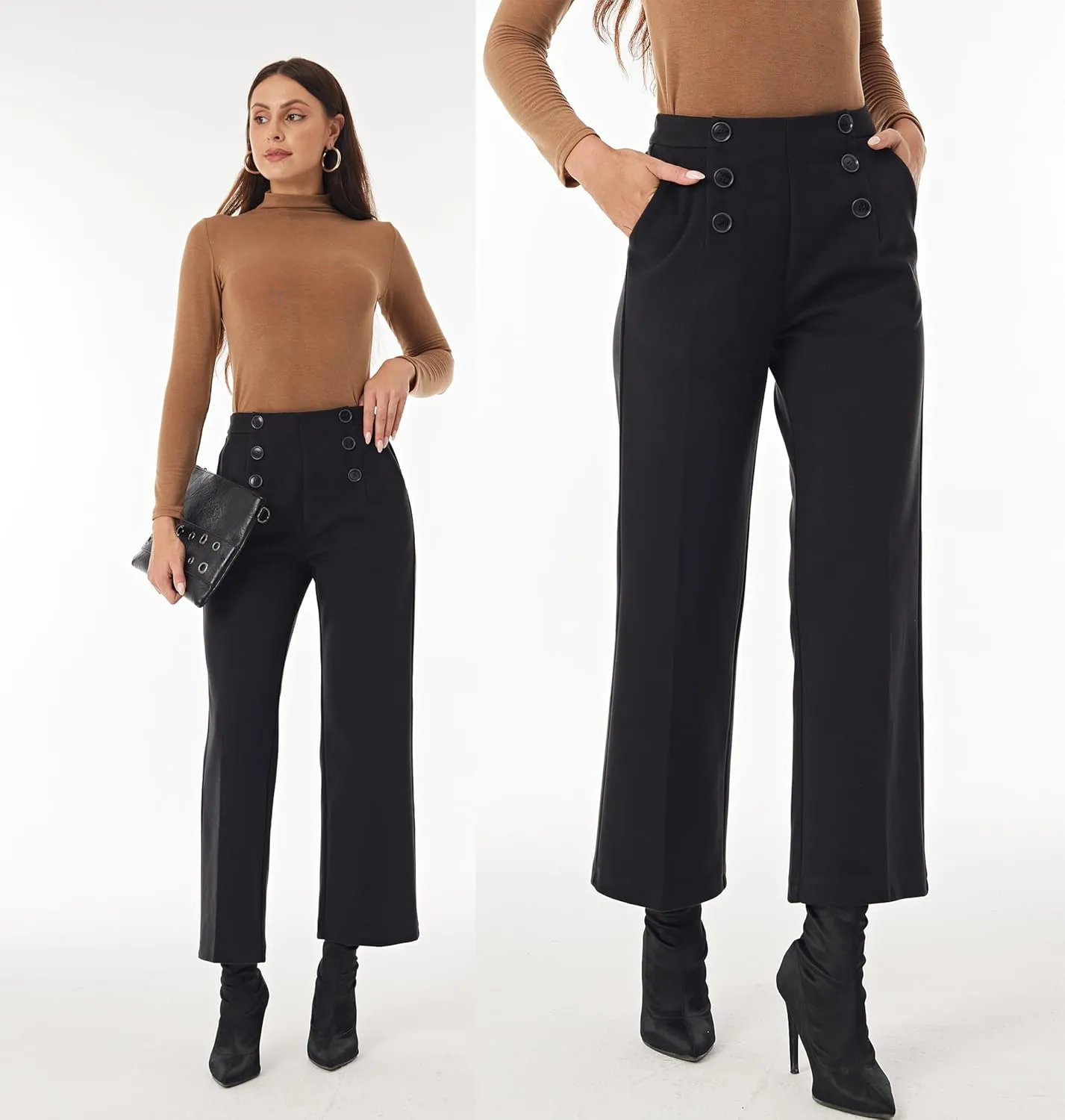 heipeiwa Women's Wool Blend Winter Fall Wide Leg Pull on High Waist Dress Business Casual Pants