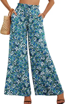 Heymoments Women's Wide Leg Lounge Pants Lightweight High Waisted Adjustable Tie Knot Loose Trousers with Pockets