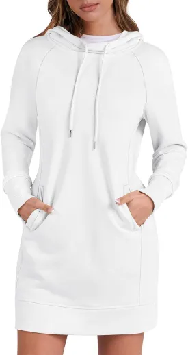 Hoodie Dress for Women Athleisure Drawstring Hooded Sweatshirt Dress Casual Long Sleeve Tunic Dress with Pockets