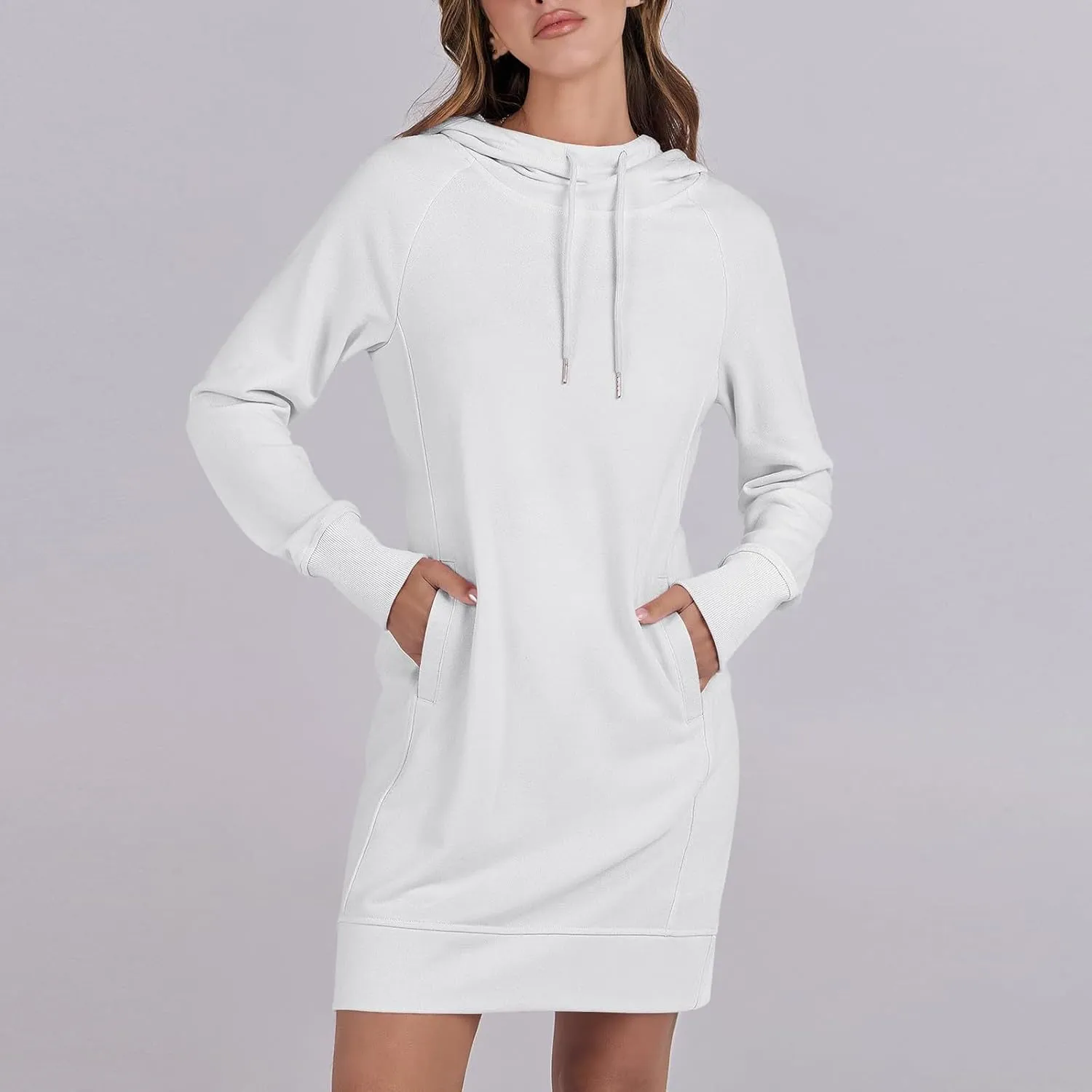 Hoodie Dress for Women Athleisure Drawstring Hooded Sweatshirt Dress Casual Long Sleeve Tunic Dress with Pockets