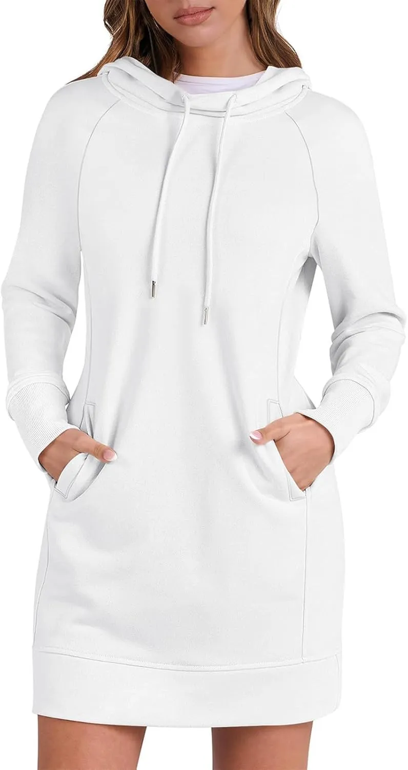 Hoodie Dress for Women Athleisure Drawstring Hooded Sweatshirt Dress Casual Long Sleeve Tunic Dress with Pockets