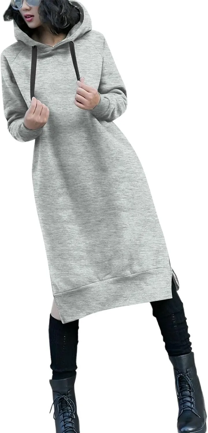 Hoodie Dress for Women Long Sleeve Warmy Oversized Hooded Dress Fleece Solid Color Long Sweatshirt with Pocket