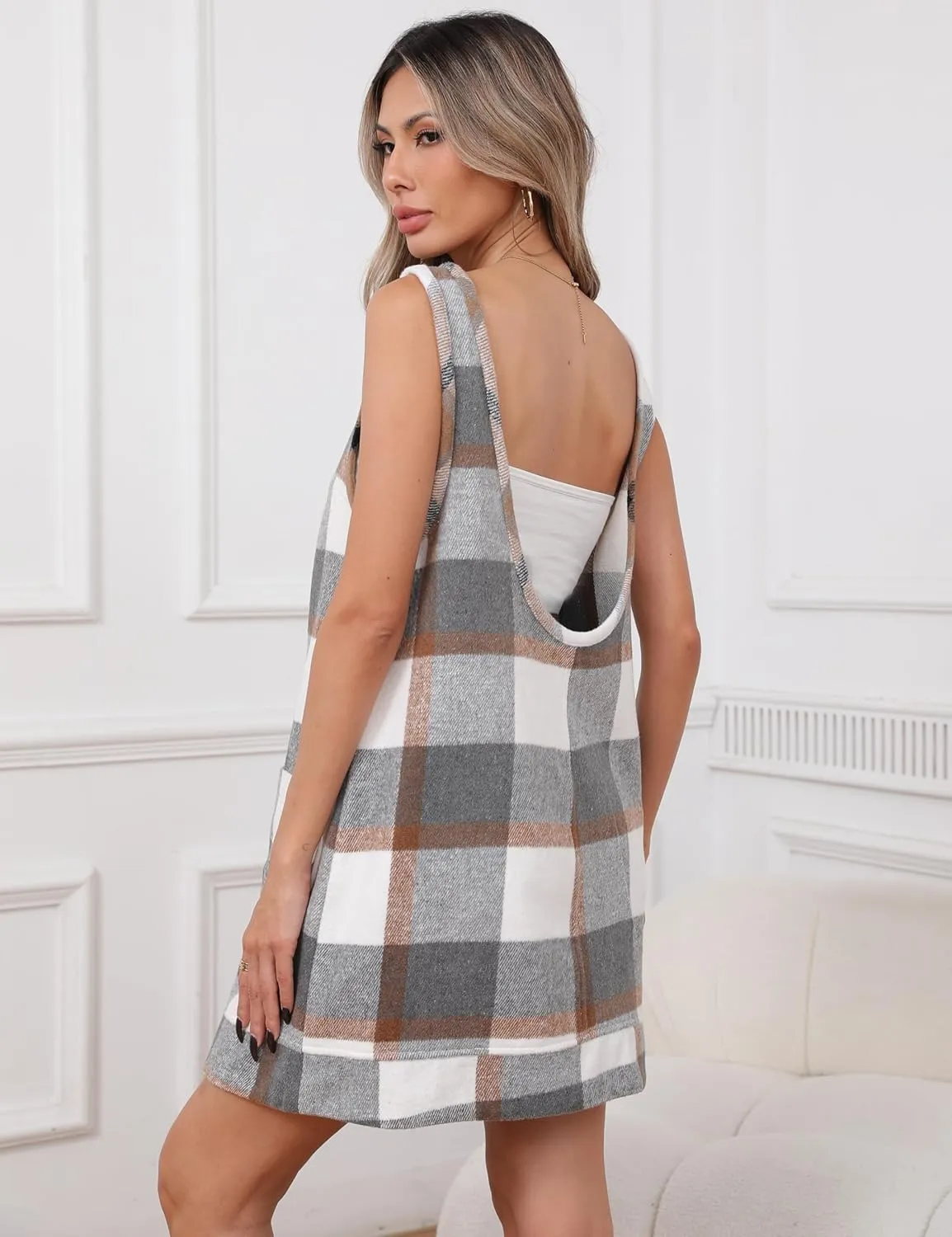Hooever Plaid Overall Dress for Women Round Neck A Line Skirtall Jumper Mini Dress Pinafore with Pockets