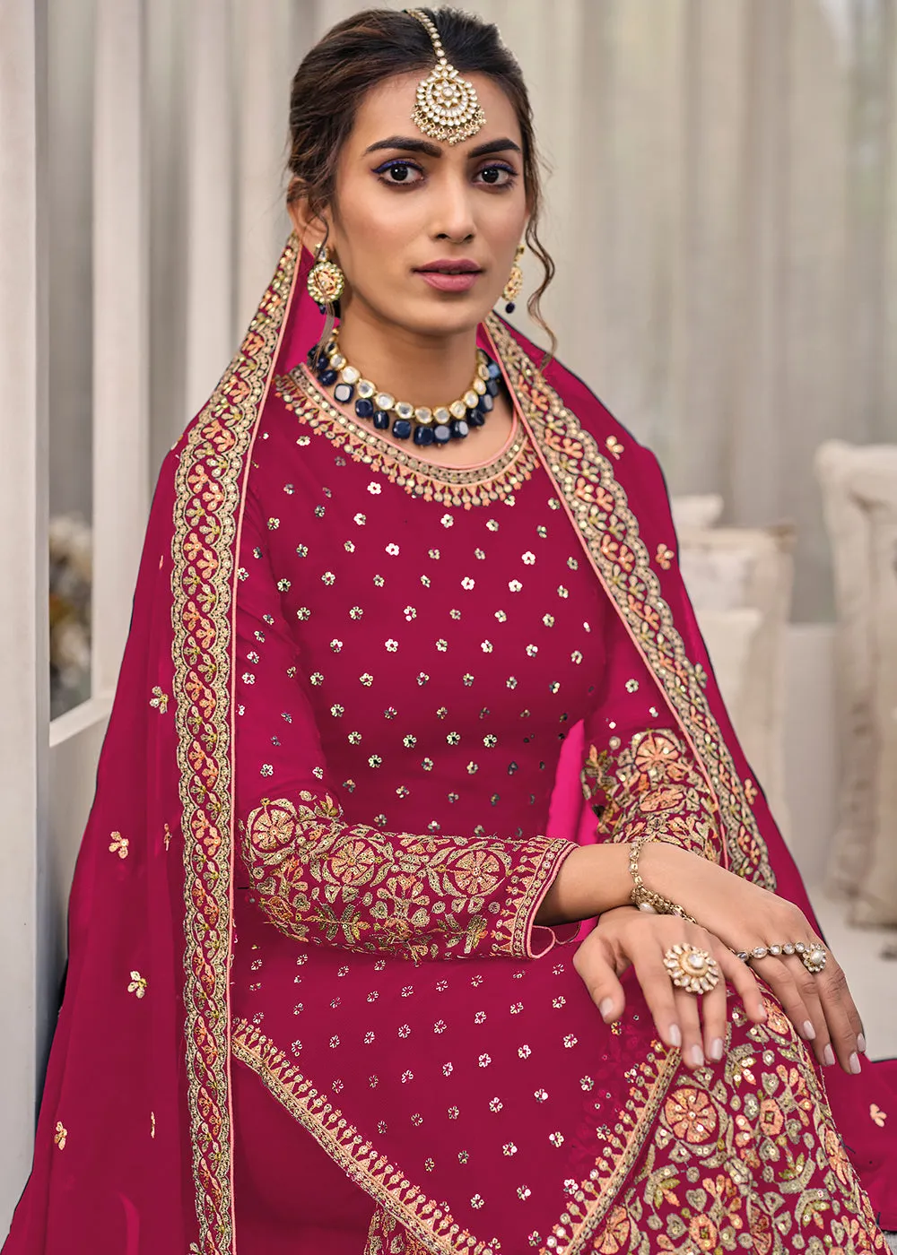 Hot Pink Chinon & Georgette Designer Palazzo Salwar Suit