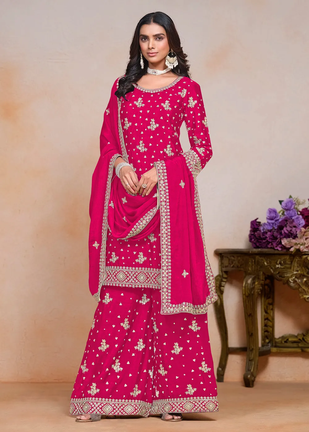 Hot Pink Sequins Embroidered Chinnon Festive Palazzo Suit