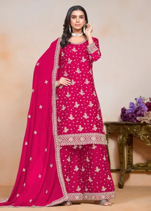Hot Pink Sequins Embroidered Chinnon Festive Palazzo Suit
