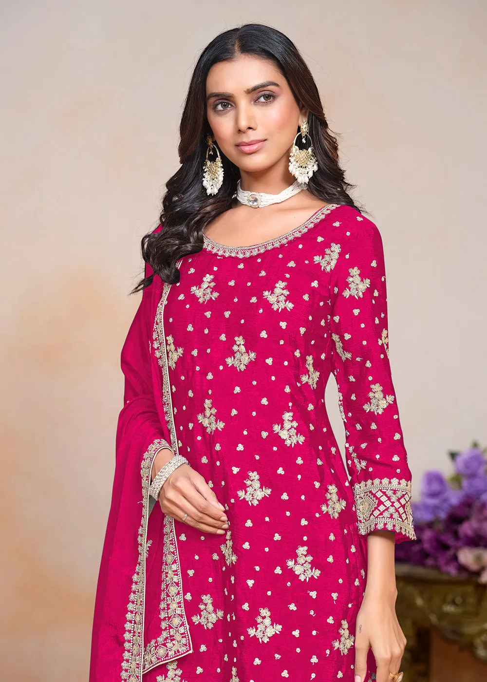 Hot Pink Sequins Embroidered Chinnon Festive Palazzo Suit