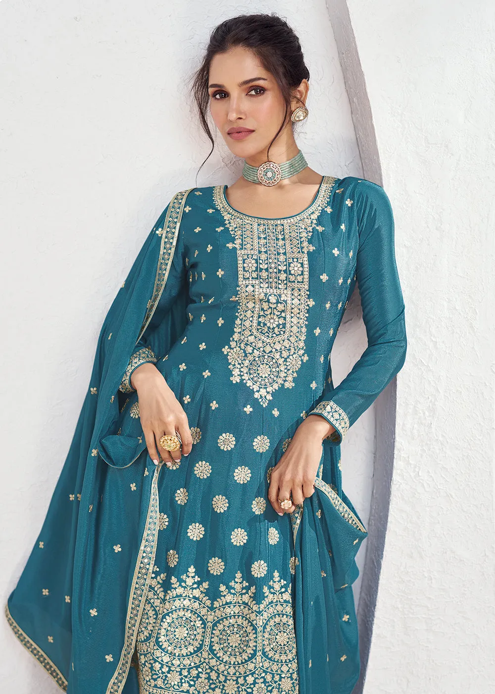 Incredible Teal Blue Embroidered Chinnon Festive Palazzo Suit