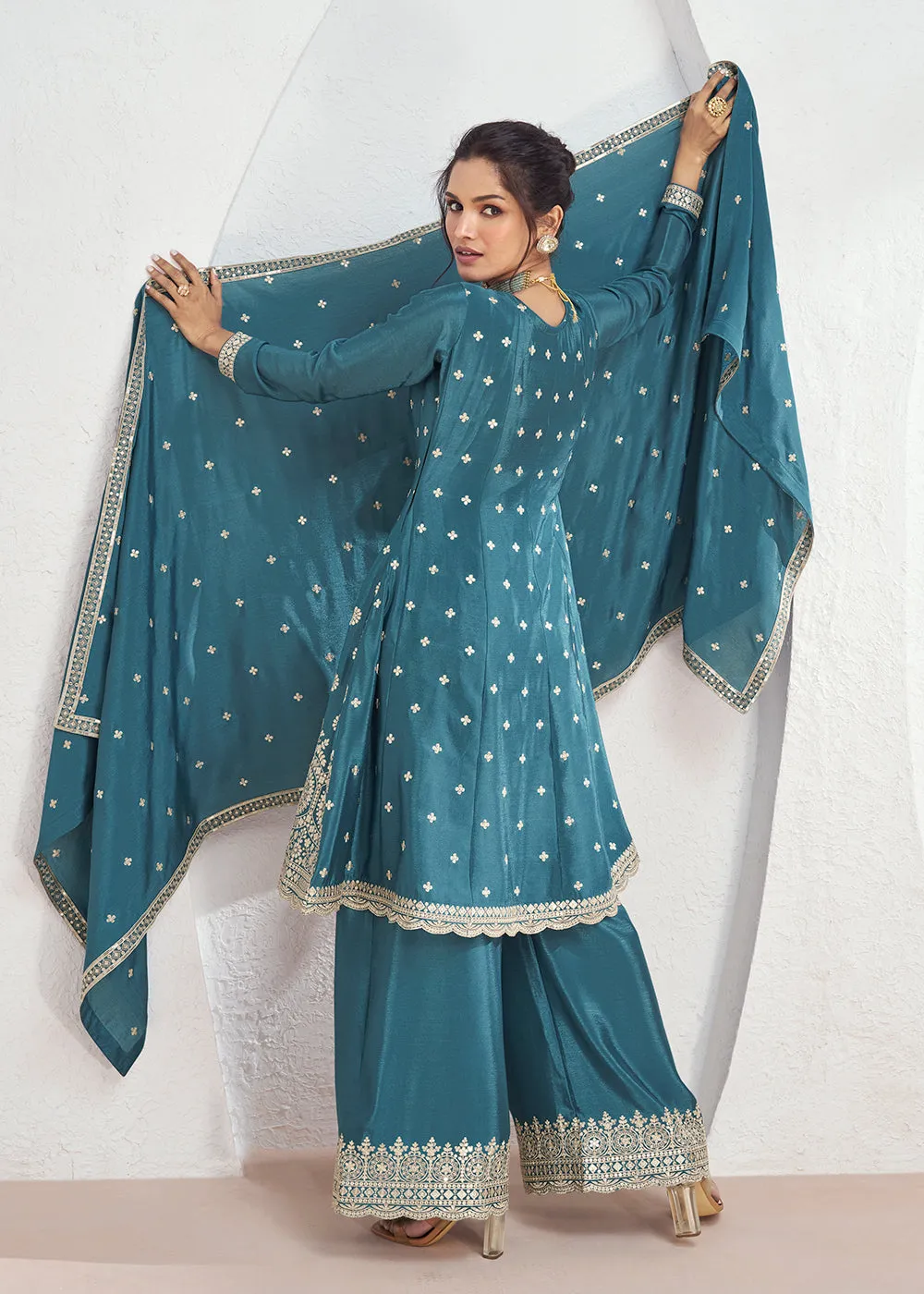 Incredible Teal Blue Embroidered Chinnon Festive Palazzo Suit