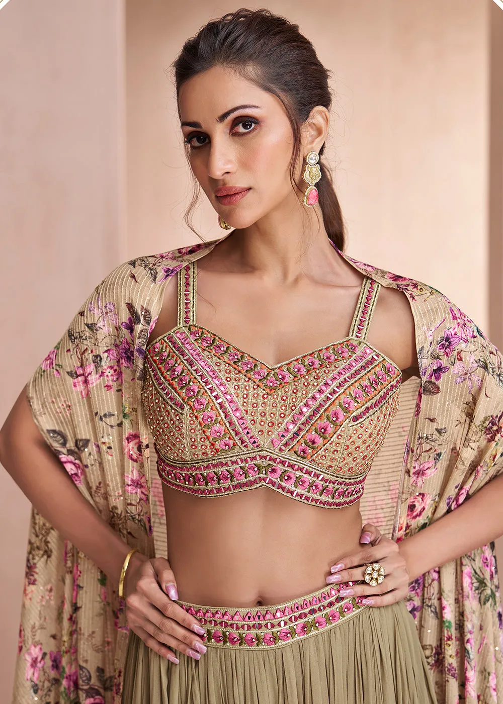 Indo Western Style Beige Party Wear Palazzo Suit