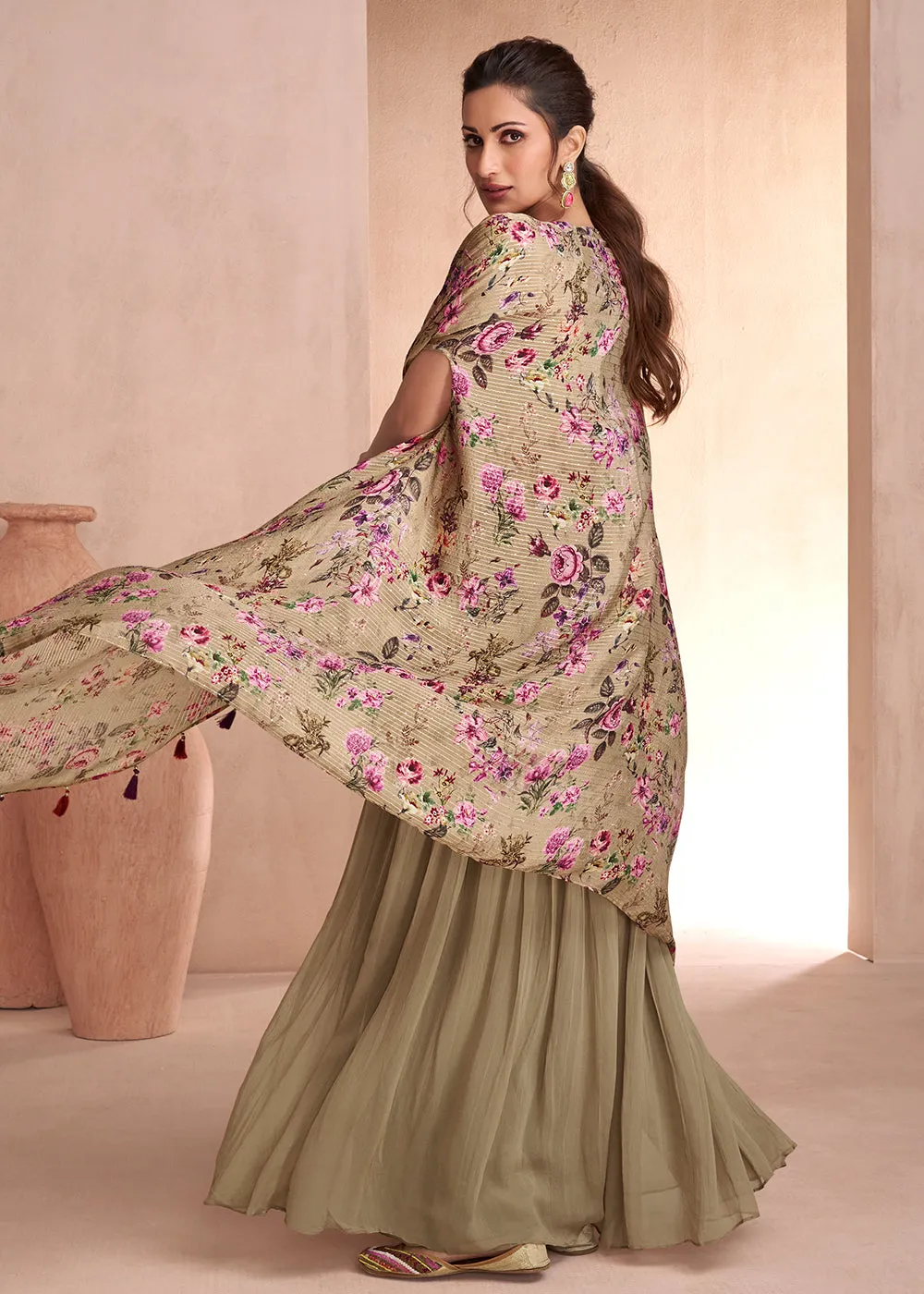 Indo Western Style Beige Party Wear Palazzo Suit