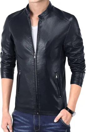 JEShifangjiusu Men'S Stand Collar Fleece Lined Outwear Slim Fit Bomber Faux Leather Jacket Motorcycle Lightweight Biker Coat