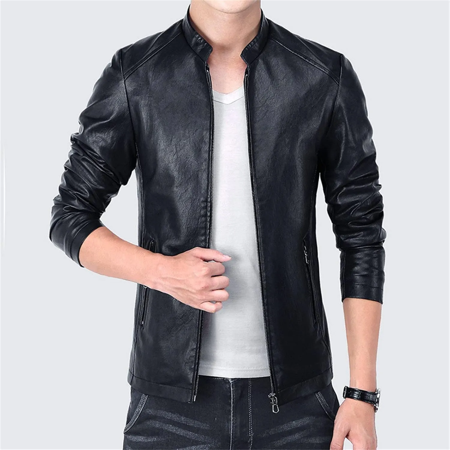 JEShifangjiusu Men'S Stand Collar Fleece Lined Outwear Slim Fit Bomber Faux Leather Jacket Motorcycle Lightweight Biker Coat