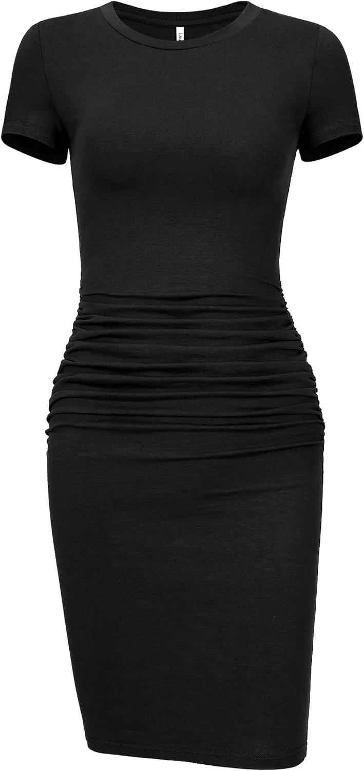 Laughido Women's Short Sleeve Ruched Bodycon Sundress Knee Length T Shirt Dresses 2025 Trendy Casual Outfits